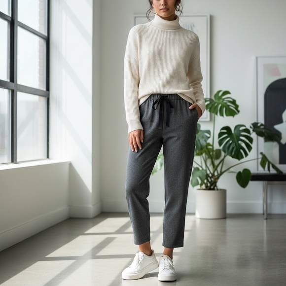 Zara Gray Herringbone Wool Blend Pull On Pants M - Picture 2 of 11